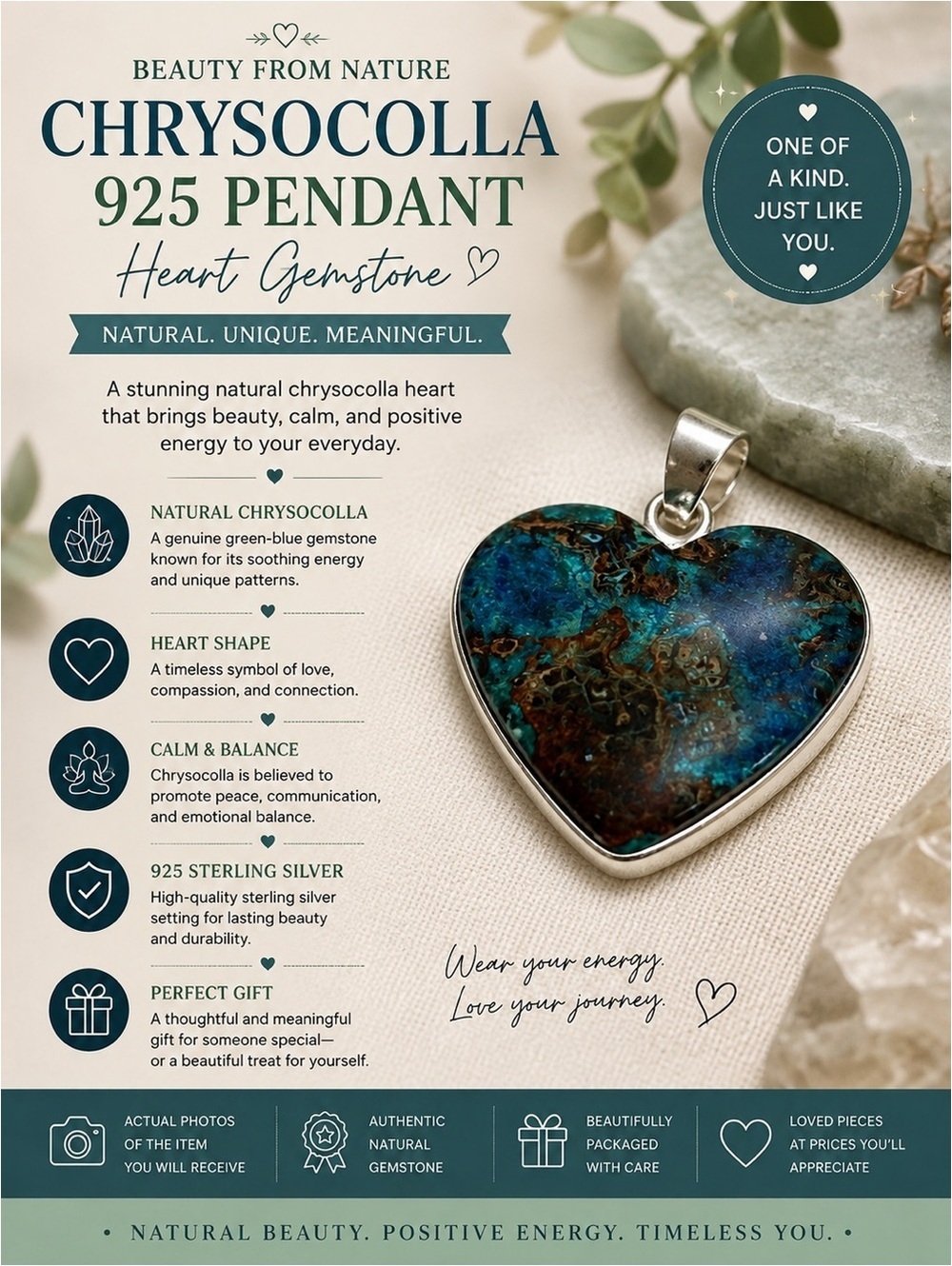Chrysocolla 925 Pendant, Heart Gem, Green Blue Gemstone, Natural Stone Jewelry